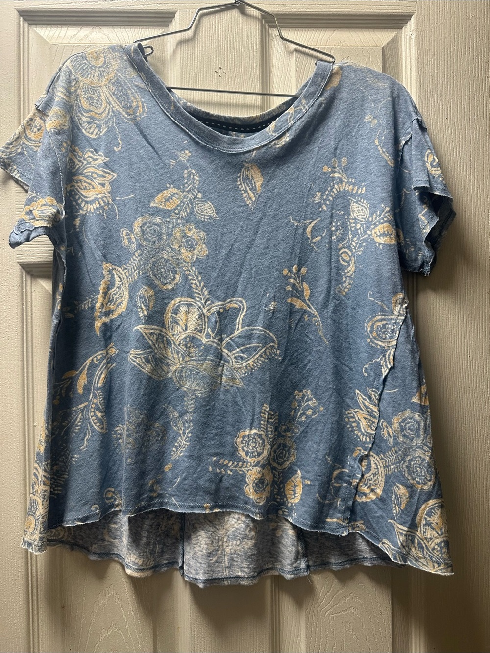 Pilcro Blue Short Sleeve Tee with Cream Floral Print